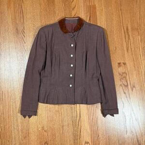 Vintage 40s Womens Blazer Brown Rayon Wool Blend Suede Collar